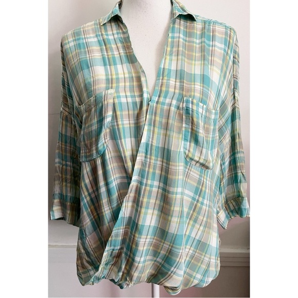 Holding Horses • Wildacre Blue Green Plaid Crossover Shirt - Picture 2 of 5